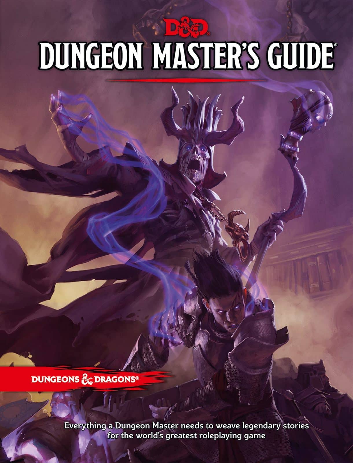 Omslag van de Dungeons & Dragons Dungeon Master's Guide, met een indrukwekkende lich die een magische bol vasthoudt en een krijger klaar voor de strijd, een cruciale bron voor aanstaande Dungeon Masters die beginnen met D&D.