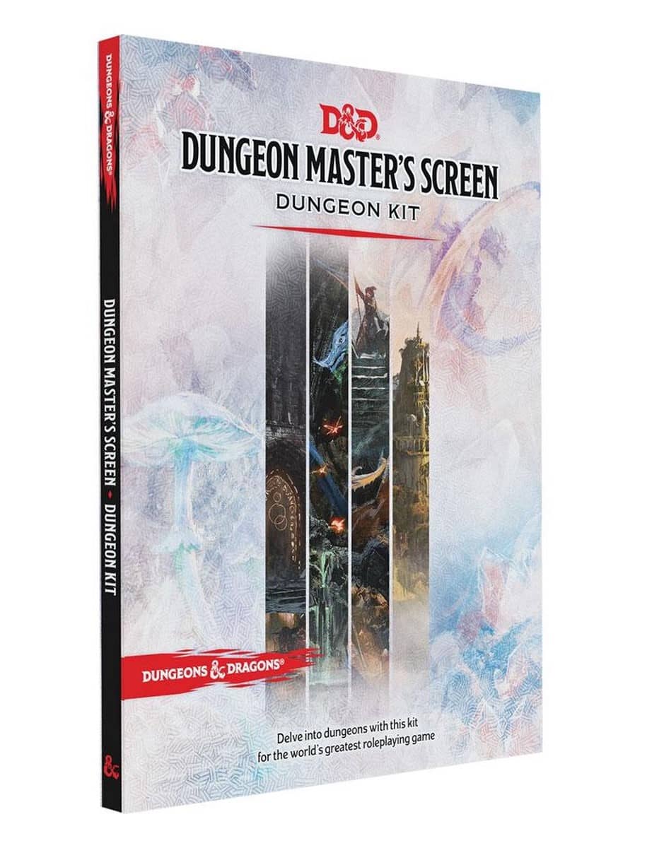Dungeons & Dragons Dungeon Master's Screen Dungeon Kit, met een collage van mystieke wezens en iconische D&D-afbeeldingen, een essentieel hulpmiddel voor Dungeon Masters om spelsessies te beheren.
