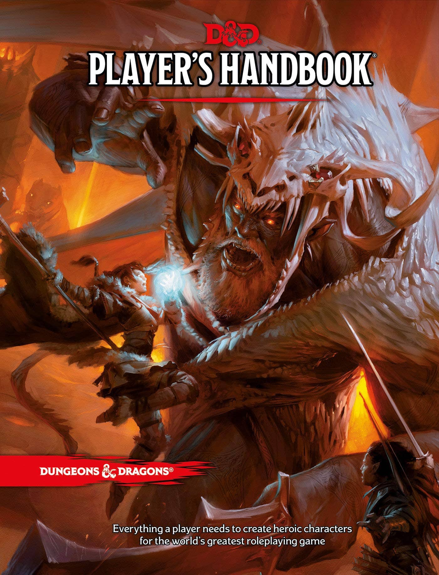 Nieuwste editie van de Dungeons & Dragons Player's Handbook, met dynamisch artwork van een hevige strijd met een gigantisch monster en een groep heroïsche avonturiers, een onmisbare gids voor beginnende D&D spelers.