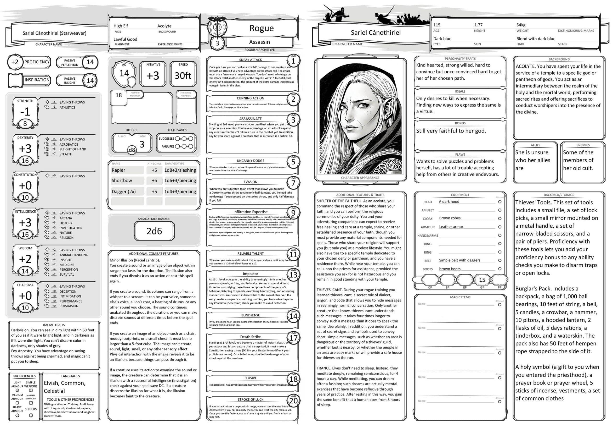 Gedetailleerde Dungeons & Dragons karaktersheet voor een Hoge Elf Rogue genaamd Sariel Canothiriel, met overzicht van statistieken, vaardigheden, uitrusting en achtergrondverhaal, essentieel voor beginners bij het leren van D&D karaktercreatie.