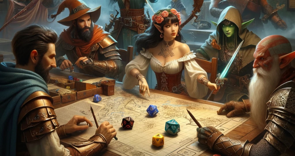 Groep fantasy rollenspelers die betrokken zijn bij een Dungeons & Dragons sessie, met gedetailleerde karakterbladen en kleurrijke veelvlakkige dobbelstenen verspreid over een tafel, met een diverse cast van personages, waaronder een menselijke ridder, een schurk met een groene kap, een elf tovenaar en een wijze oude dwerg, allen diep verzonken in een strategische D&D-campagne.